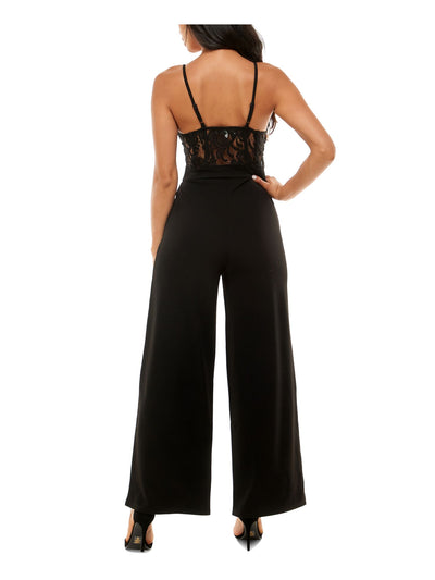 CRAVE FAME Womens Black Adjustable Zippered Lace Padded Spaghetti Strap Sweetheart Neckline Evening Wide Leg Jumpsuit Juniors L