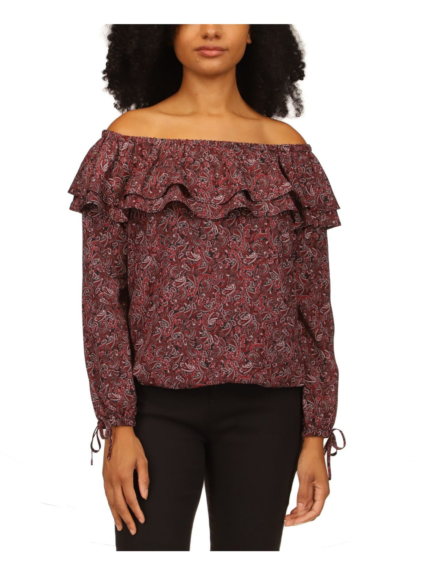 MICHAEL MICHAEL KORS Womens Black Ruffled Unlined Elasticized Tie Cuffs Paisley Long Sleeve Off Shoulder Top Petites P\XS