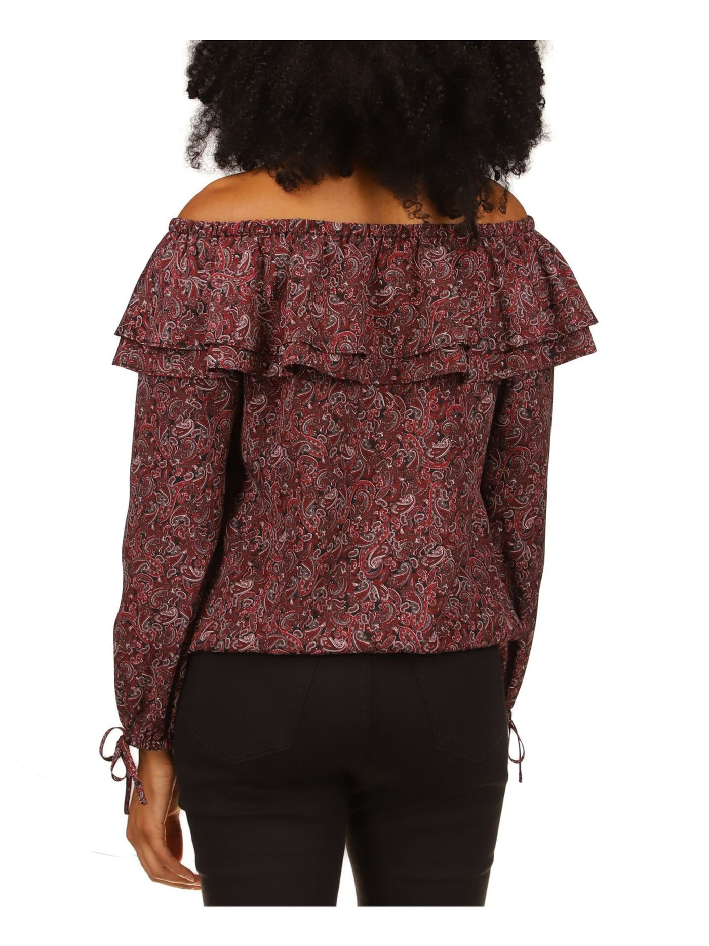 MICHAEL MICHAEL KORS Womens Black Ruffled Unlined Elasticized Tie Cuffs Paisley Long Sleeve Off Shoulder Top Petites P\XS