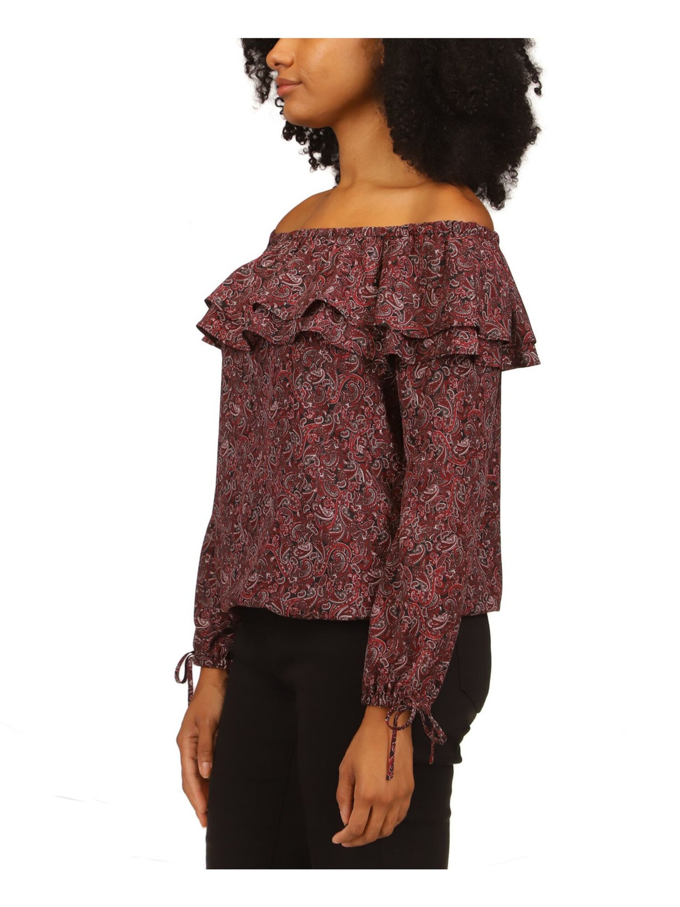 MICHAEL MICHAEL KORS Womens Black Ruffled Unlined Elasticized Tie Cuffs Paisley Long Sleeve Off Shoulder Top Petites P\XS