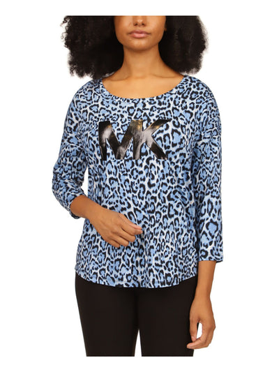 MICHAEL MICHAEL KORS Womens Blue Animal Print 3/4 Sleeve Scoop Neck T-Shirt XXS