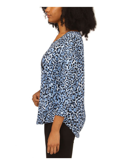 MICHAEL MICHAEL KORS Womens Blue Animal Print 3/4 Sleeve Scoop Neck T-Shirt XXS