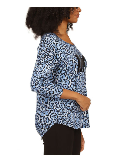 MICHAEL MICHAEL KORS Womens Blue Animal Print 3/4 Sleeve Scoop Neck T-Shirt XXS