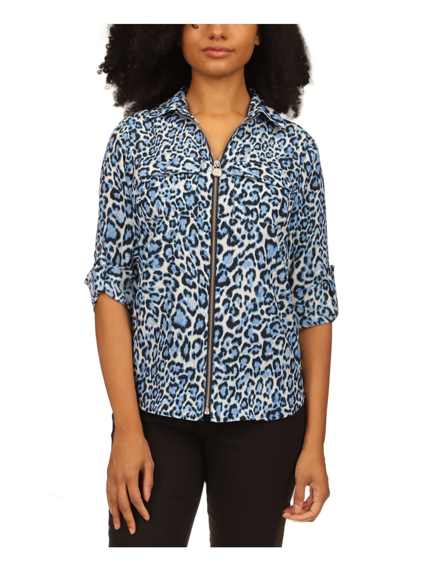 MICHAEL MICHAEL KORS Womens Blue Pocketed Zippered Rounded Hem Animal Print Roll-tab Sleeve Point Collar Top 2XL