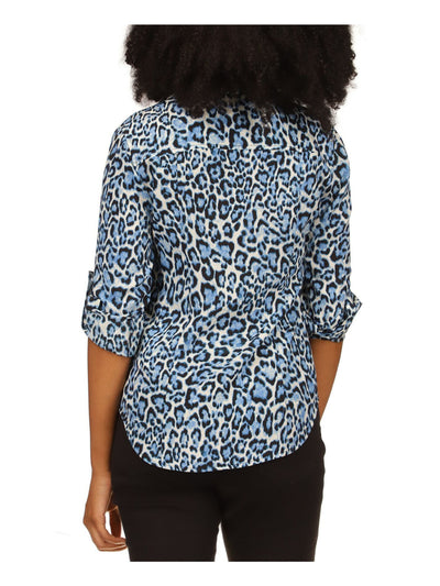 MICHAEL MICHAEL KORS Womens Blue Pocketed Zippered Rounded Hem Animal Print Roll-tab Sleeve Point Collar Top 2XL