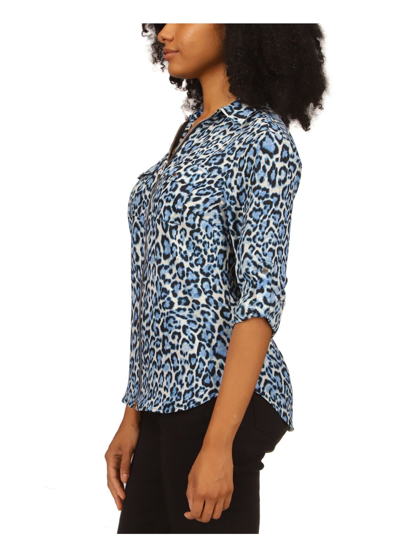 MICHAEL MICHAEL KORS Womens Blue Pocketed Zippered Rounded Hem Animal Print Roll-tab Sleeve Point Collar Top 2XL