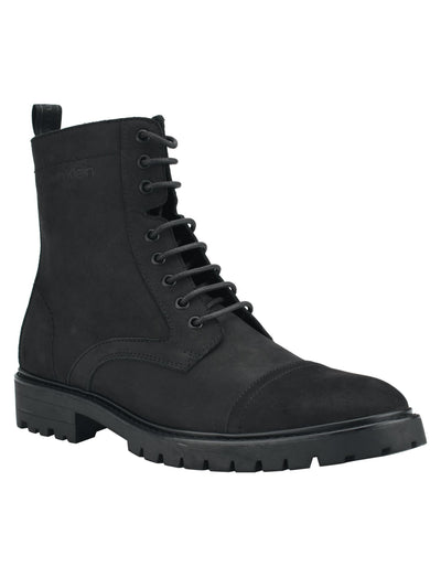 CALVIN KLEIN Mens Black Lug Sole Pull Tab Cushioned Removable Insole Lorenzo Round Toe Block Heel Lace-Up Boots Shoes 9