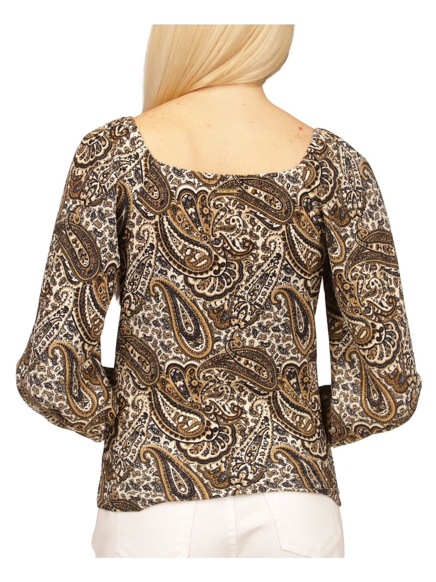 MICHAEL MICHAEL KORS Womens Beige Ruched Elastic Cuffs Paisley Long Sleeve V Neck Top Petites PS