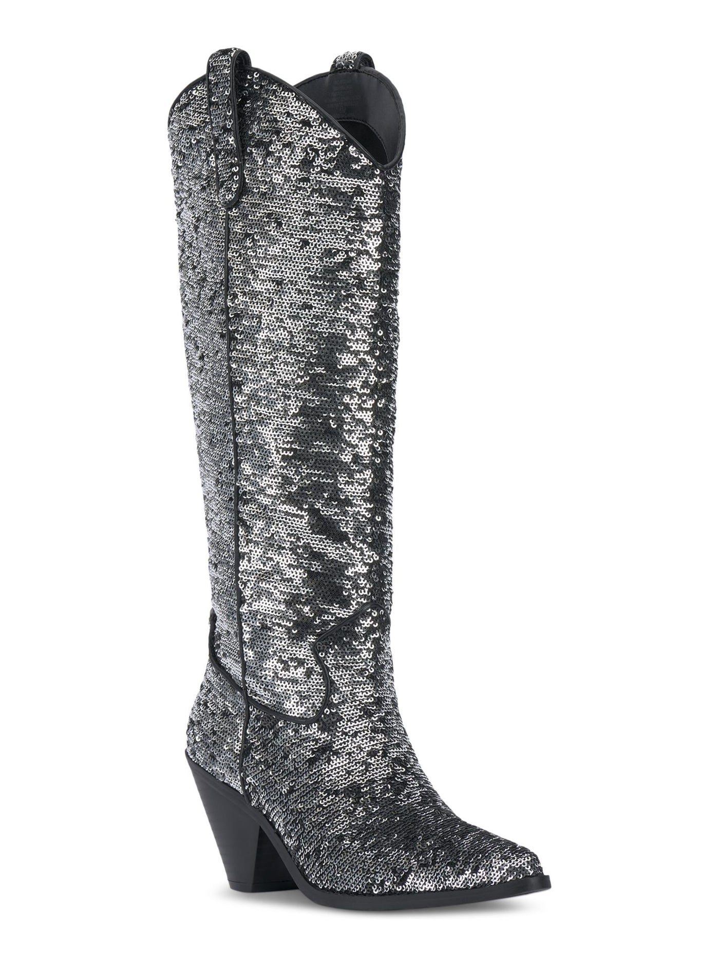 INC Womens Silver Sequined Zipper Accent Ipiriah Round Toe Stacked Heel Western Boot 5 M