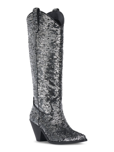 INC Womens Silver Sequined Zipper Accent Ipiriah Round Toe Stacked Heel Western Boot 7 M