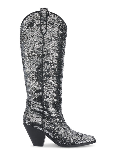 INC Womens Silver Sequined Zipper Accent Ipiriah Round Toe Stacked Heel Western Boot 6.5 M