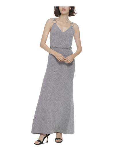 CALVIN KLEIN Womens Silver Zippered Lined Ring-embellished Straps Sleeveless V Neck Full-Length Evening Blouson Dress 6