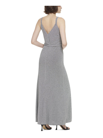 CALVIN KLEIN Womens Silver Zippered Lined Ring-embellished Straps Sleeveless V Neck Full-Length Evening Blouson Dress 6