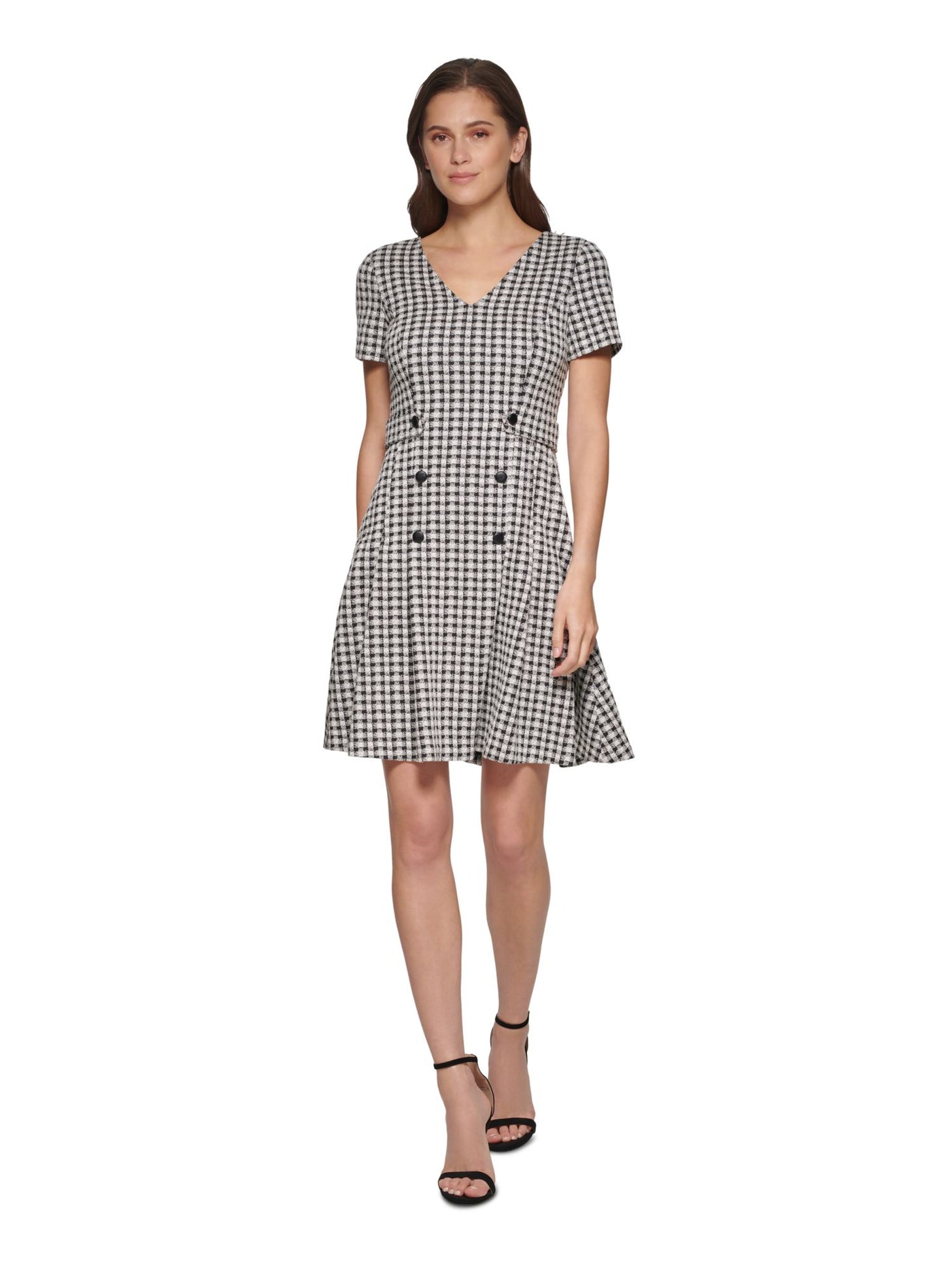 DKNY Womens Black Pleated Zippered V-back Button Trim Gingham Short Sleeve V Neck Above The Knee Wear To Work Fit + Flare Dress Petites 8P