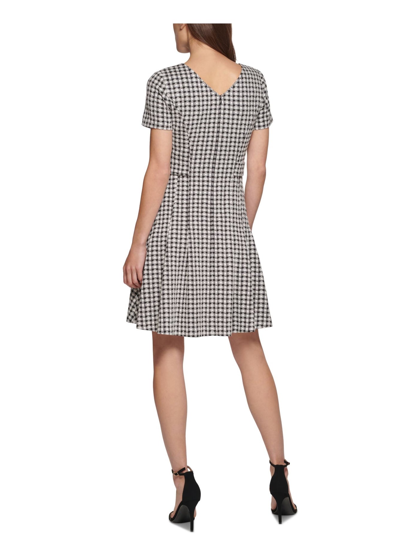 DKNY Womens Black Pleated Zippered V-back Button Trim Gingham Short Sleeve V Neck Above The Knee Wear To Work Fit + Flare Dress Petites 8P