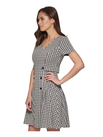 DKNY Womens Black Pleated Zippered V-back Button Trim Gingham Short Sleeve V Neck Above The Knee Wear To Work Fit + Flare Dress Petites 8P