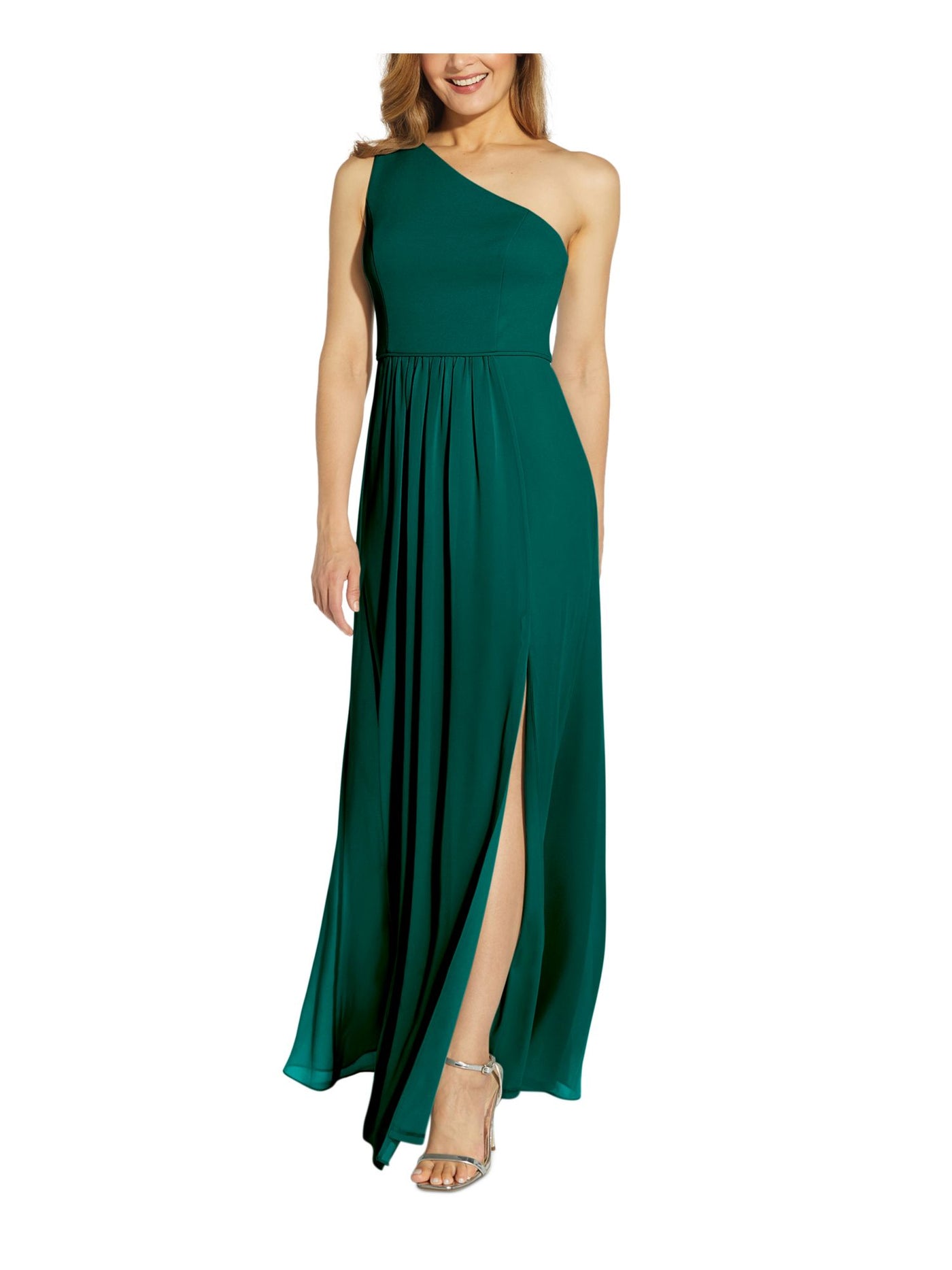 ADRIANNA PAPELL Womens Green Zippered Gathered High Slit Lined Sleeveless Asymmetrical Neckline Full-Length Evening Gown Dress 2