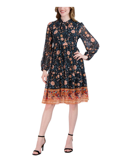 SIGNATURE BY ROBBIE BEE Womens Black Lined Keyhole Pullover Floral Long Sleeve Tie Neck Above The Knee Wear To Work Fit + Flare Dress Petites PS