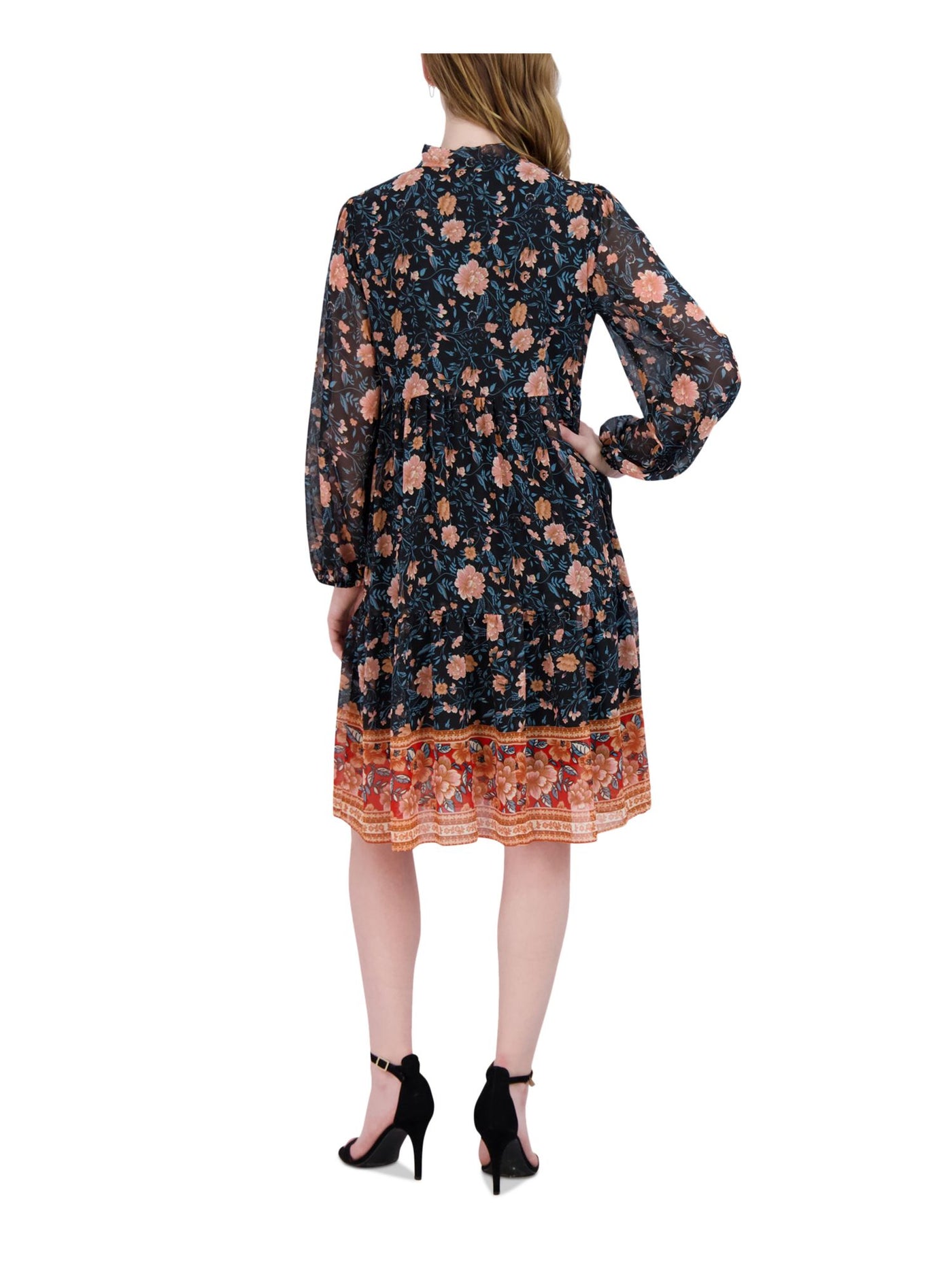 SIGNATURE BY ROBBIE BEE Womens Black Lined Keyhole Pullover Floral Long Sleeve Tie Neck Above The Knee Wear To Work Fit + Flare Dress Petites PS