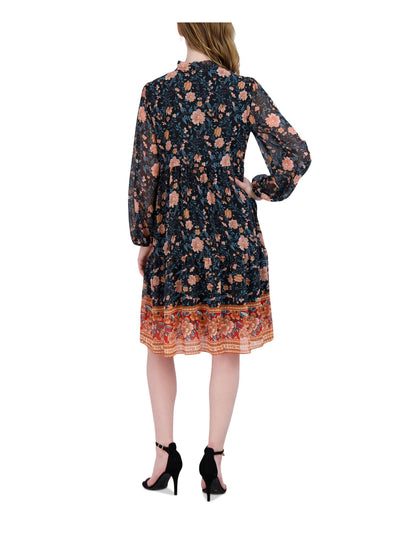 SIGNATURE BY ROBBIE BEE Womens Black Lined Keyhole Pullover Floral Long Sleeve Tie Neck Above The Knee Wear To Work Fit + Flare Dress Petites PS