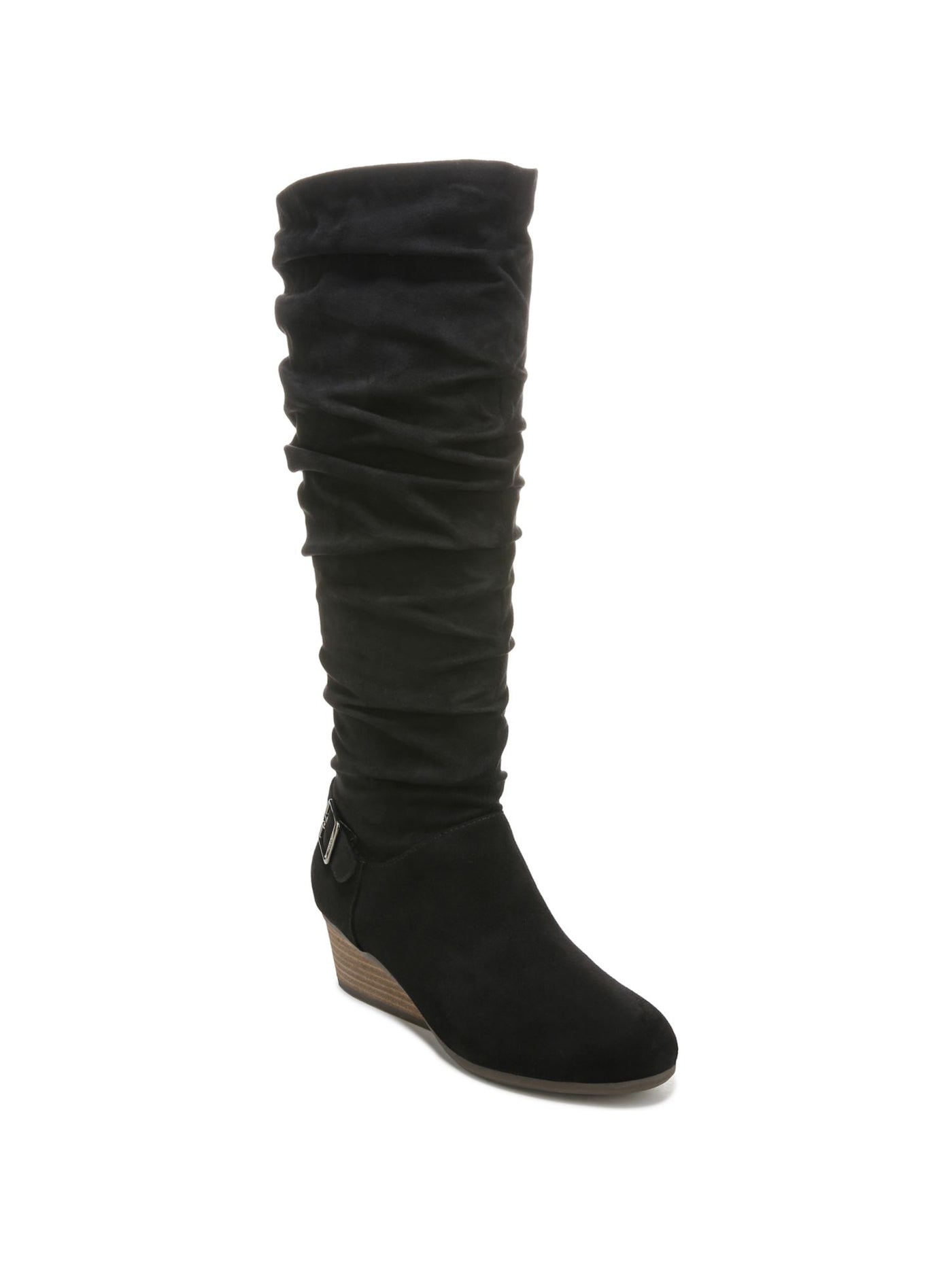 DR SCHOLLS Womens Black Goring Cushioned Ruched Break Free Round Toe Wedge Zip-Up Slouch Boot 6 M