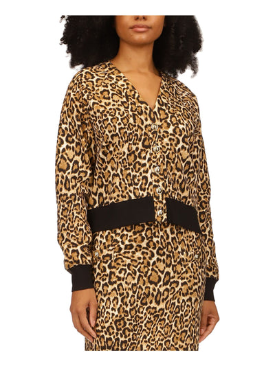MICHAEL MICHAEL KORS Womens Beige Ribbed Unlined Button Up Animal Print Long Sleeve V Neck Boyfriend Cardigan L