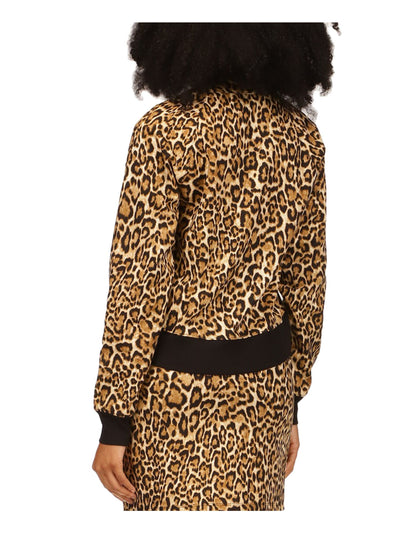MICHAEL MICHAEL KORS Womens Beige Ribbed Unlined Button Up Animal Print Long Sleeve V Neck Boyfriend Cardigan L