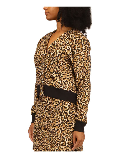 MICHAEL MICHAEL KORS Womens Beige Ribbed Unlined Button Up Animal Print Long Sleeve V Neck Boyfriend Cardigan L