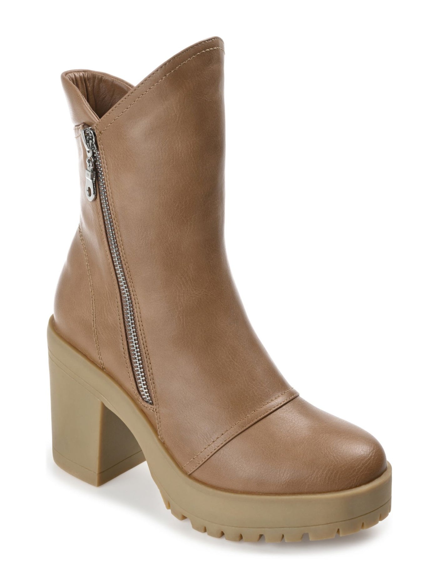 JOURNEE COLLECTION Womens Brown 1" Treaded Platform Cushioned Jaquie Round Toe Block Heel Zip-Up Heeled Boots 7.5 M