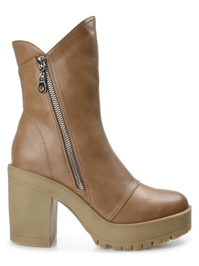 JOURNEE COLLECTION Womens Brown 1" Treaded Platform Cushioned Jaquie Round Toe Block Heel Zip-Up Heeled Boots 7.5 M