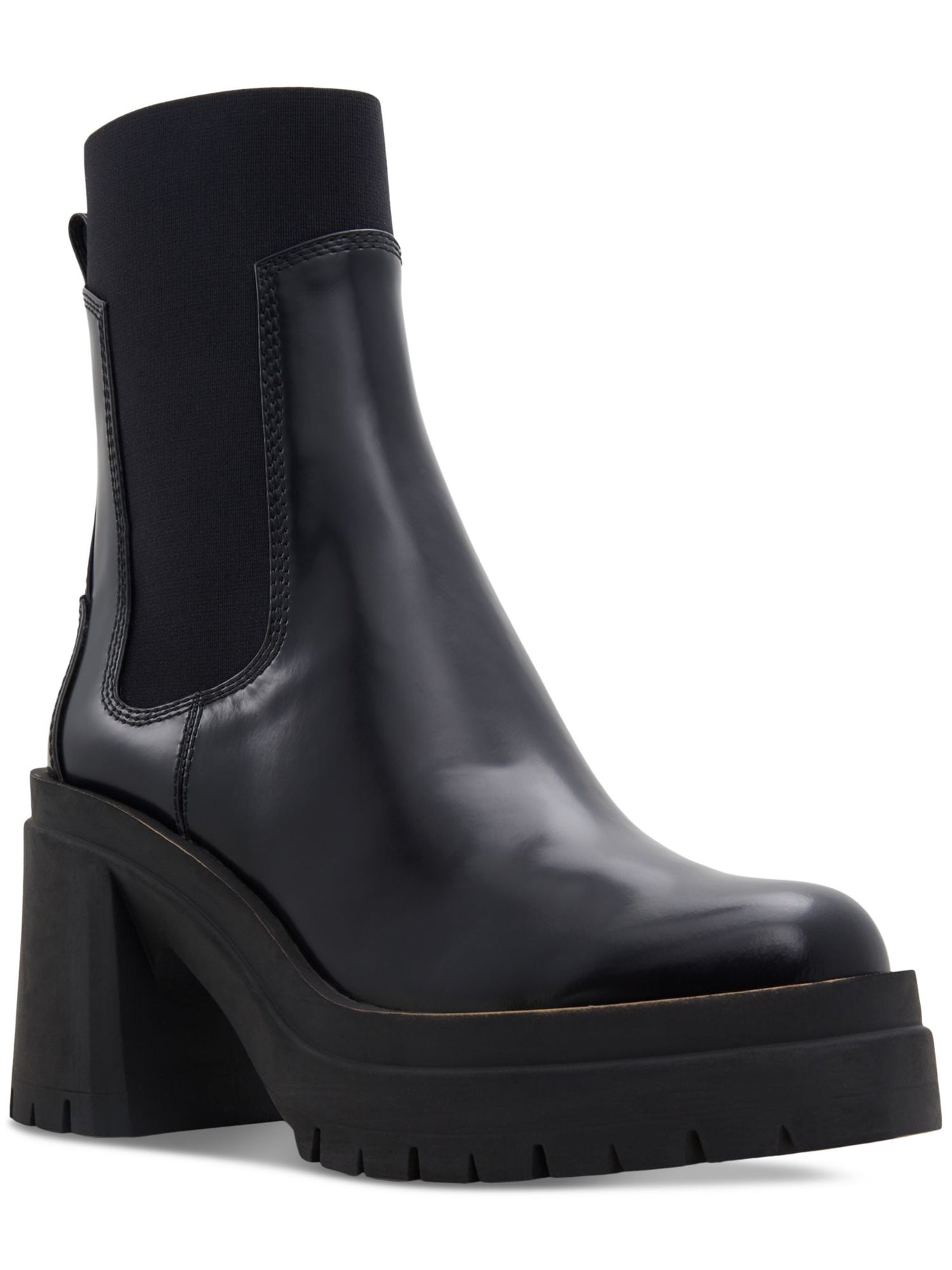 ALDO Womens Black 1-1/2" Platform Back Pull-Tab Goring Lug Sole Bigmood Round Toe Block Heel Leather Chelsea 8.5