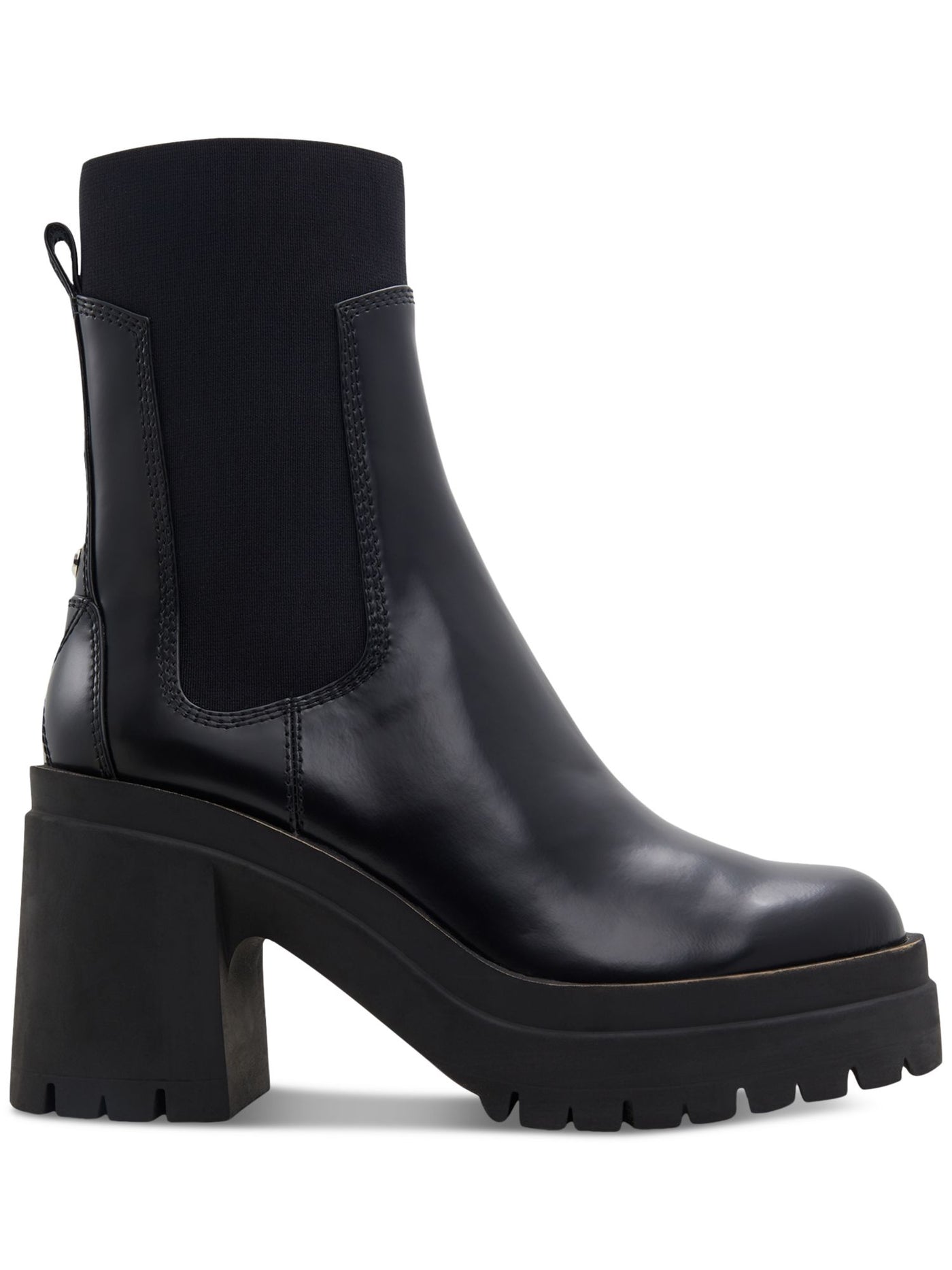 ALDO Womens Black 1-1/2" Platform Back Pull-Tab Goring Lug Sole Bigmood Round Toe Block Heel Leather Chelsea 8.5