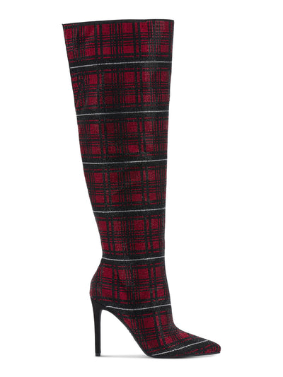 INC Womens Red Plaid Vented Back Padded Rhinestone Goring Saveria Pointed Toe Stiletto Zip-Up Dress Boots 7.5 M