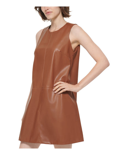 CALVIN KLEIN Womens Brown Zippered Unlined Sleeveless Jewel Neck Short Wear To Work Shift Dress 2