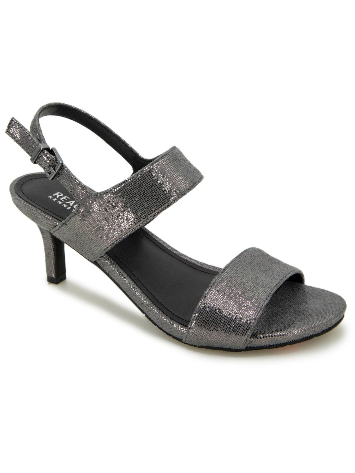 REACTION KENNETH COLE Womens Gray Glitter Padded Dee Round Toe Kitten Heel Buckle Dress Slingback Sandal 6