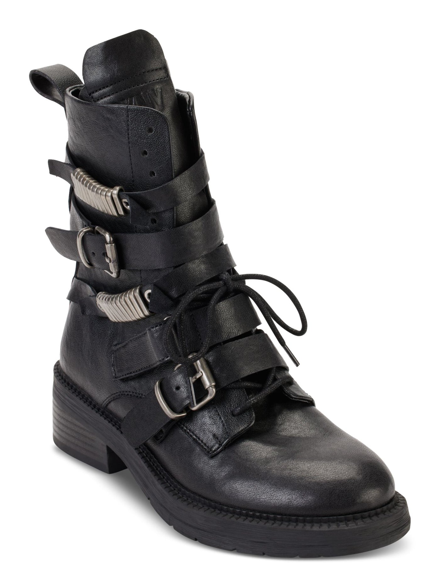 DKNY Womens Black Zipper Accent Ita Round Toe Block Heel Buckle Leather Boots Shoes 5.5 M