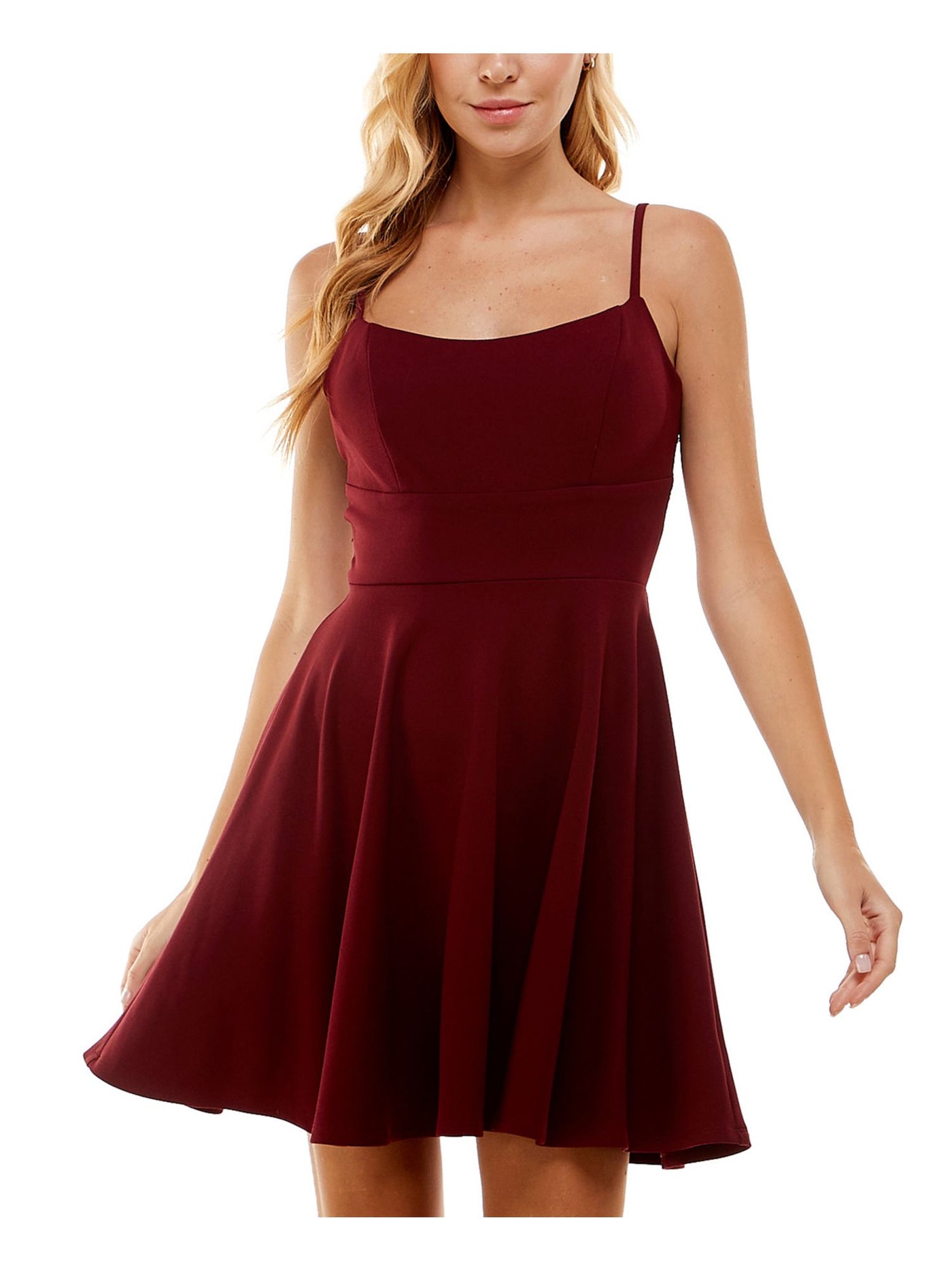 CITY STUDIO Womens Maroon Zippered Adjustable Lace Back Bust Padding Spaghetti Strap Round Neck Short Party Fit + Flare Dress Juniors 3