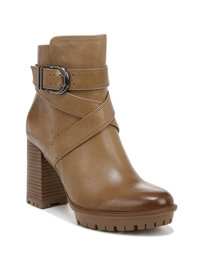 NATURALIZER Womens Brown Padded Buckled Criss-Cross Straps Lug Sole Water Resistant Lyra Round Toe Block Heel Zip-Up Leather Booties 6 M