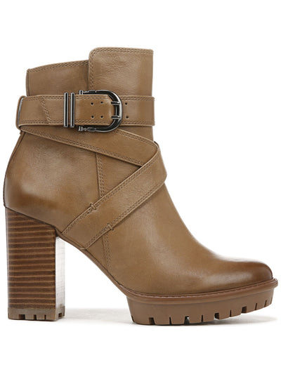 NATURALIZER Womens Brown Padded Buckled Criss-Cross Straps Lug Sole Water Resistant Lyra Round Toe Block Heel Zip-Up Leather Booties 6 M