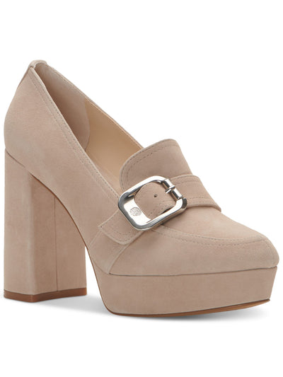 VINCE CAMUTO Womens Beige 1" Platform Buckle Accent Padded Grinilia Round Toe Block Heel Slip On Leather Heeled Loafers 5.5 M