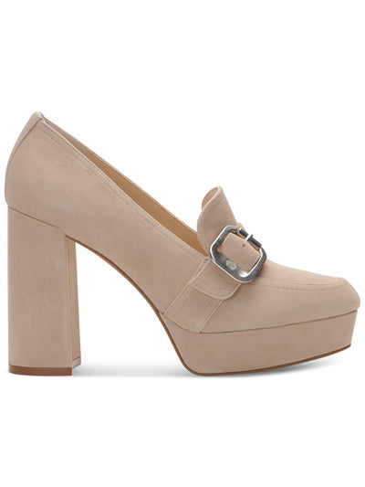 VINCE CAMUTO Womens Beige 1" Platform Buckle Accent Padded Grinilia Round Toe Block Heel Slip On Leather Heeled Loafers 5.5 M