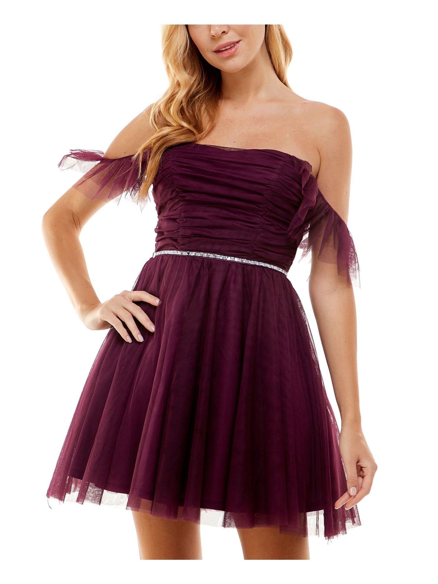 CITY STUDIO Womens Purple Pleated Zippered Mesh Lined Embellished Belt Flutter Sleeve Off Shoulder Short Party Fit + Flare Dress 3