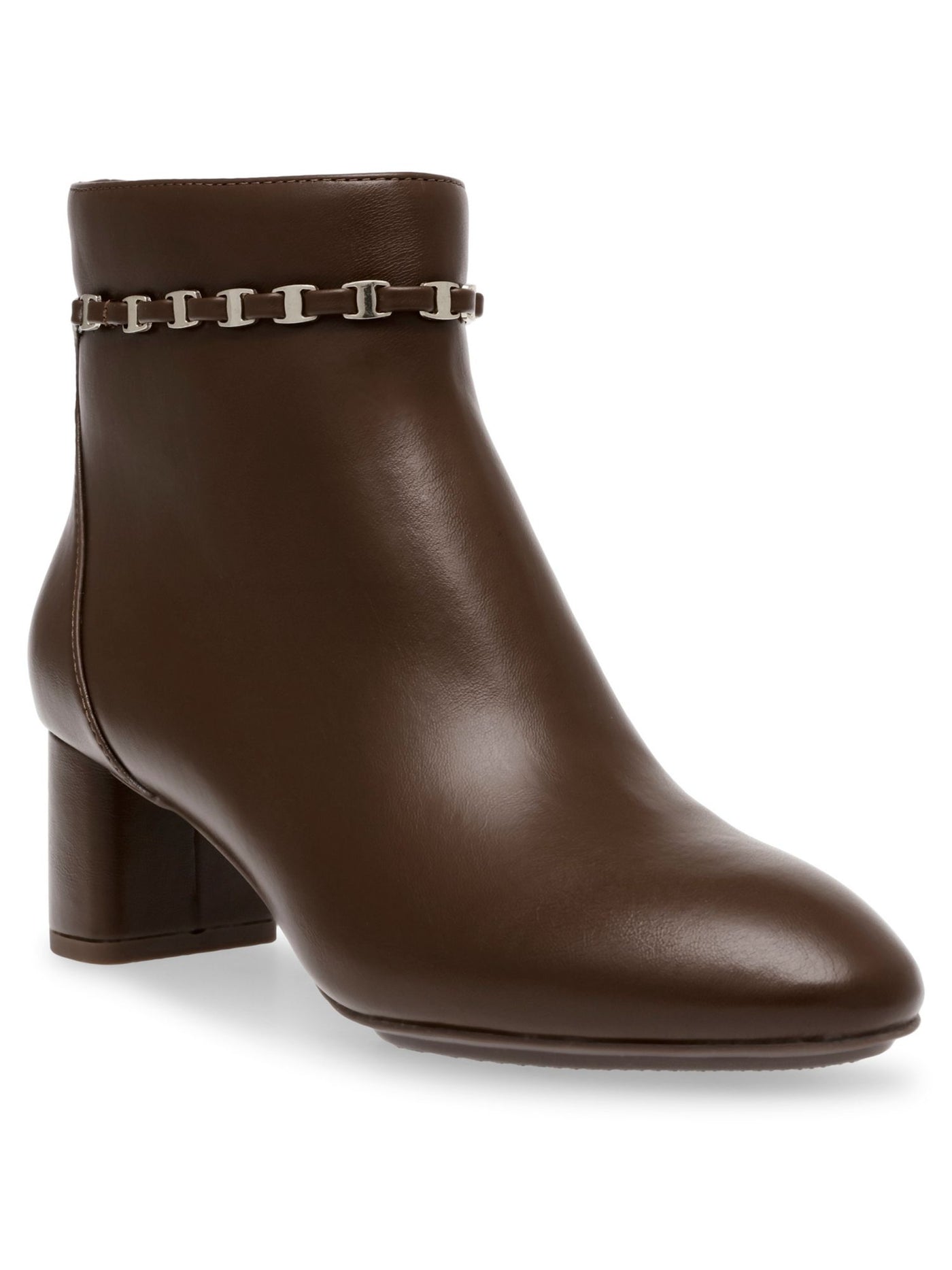 ANNE KLEIN Womens Brown Chain Padded Kairo Almond Toe Block Heel Zip-Up Dress Booties 9.5