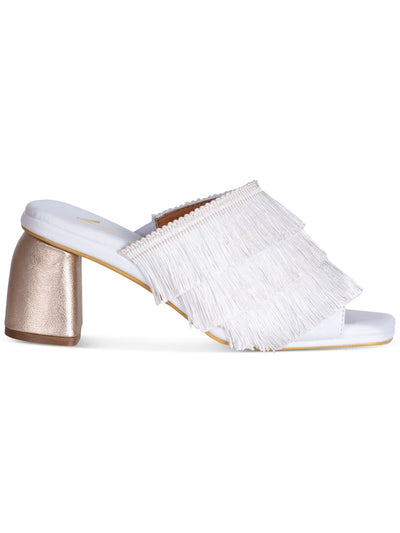 SILVIA COBOS Womens White Fringed Cushioned Chacha Square Toe Block Heel Slip On Leather Dress Heeled Sandal 11