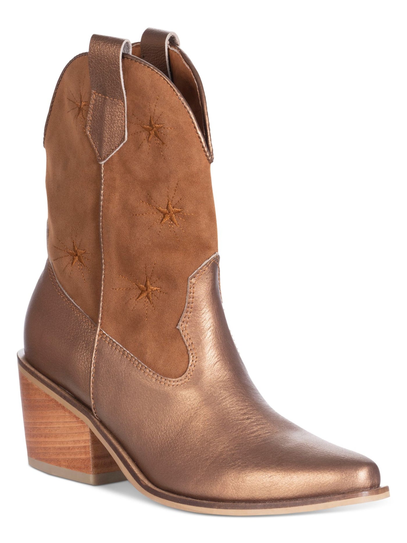 SILVIA COBOS Womens Gold Stars Side Pull Tabs Cushioned Metallic Galaxy Stars Almond Toe Block Heel Dress Western Boot 11