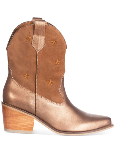 SILVIA COBOS Womens Gold Stars Side Pull Tabs Cushioned Metallic Galaxy Stars Almond Toe Block Heel Dress Western Boot 11