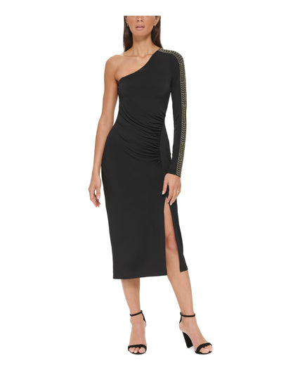 GUESS Womens Black Embellished Ruched High Slit Lined Long Sleeve Asymmetrical Neckline Midi Cocktail Sheath Dress 4