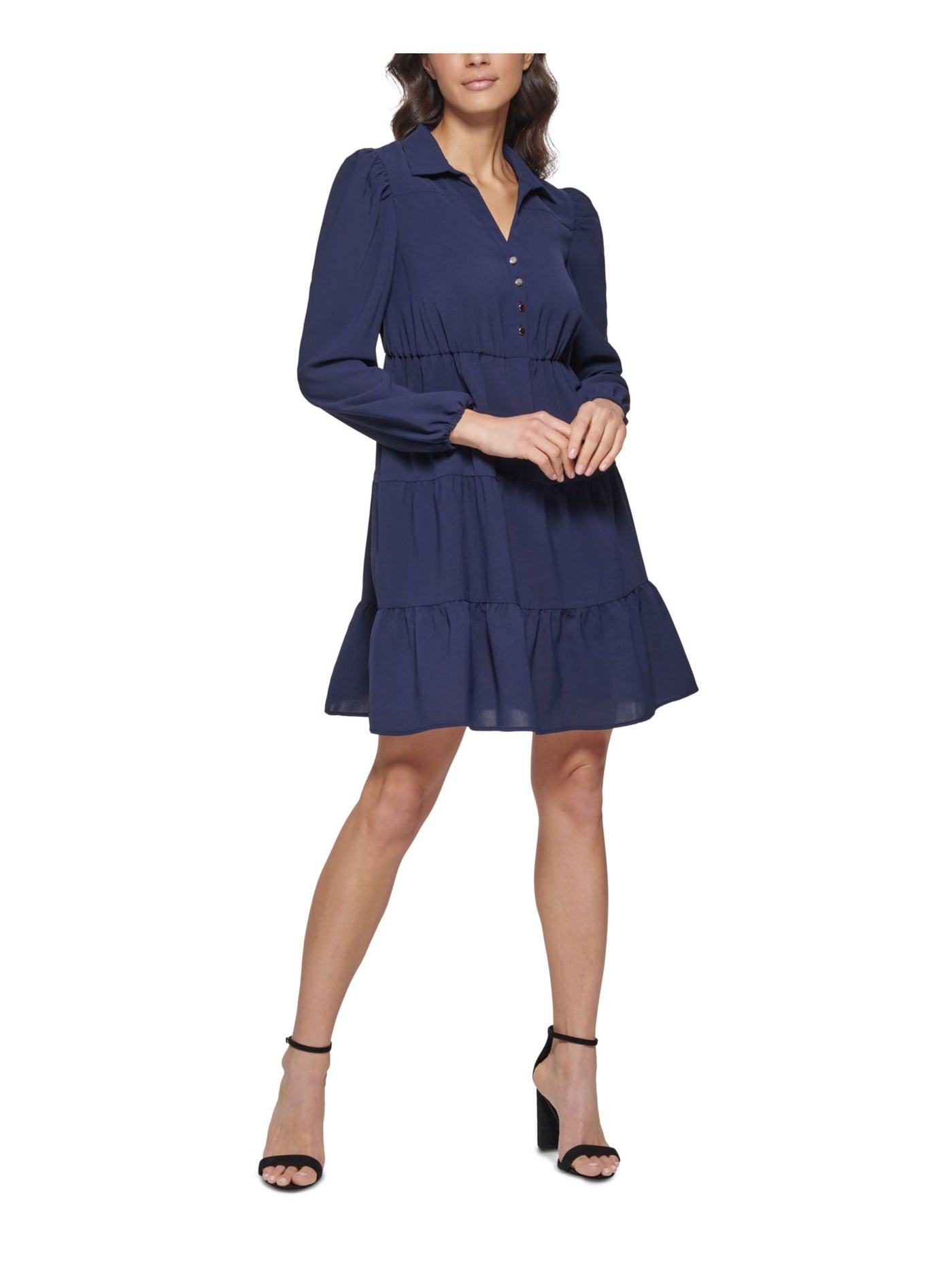 KENSIE DRESSES Womens Navy Pocketed Gathered Collared Button Front Tiered Long Sleeve V Neck Above The Knee Shift Dress 0