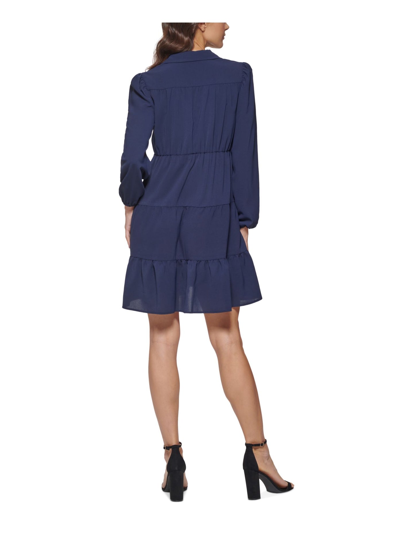 KENSIE DRESSES Womens Navy Pocketed Gathered Collared Button Front Tiered Long Sleeve V Neck Above The Knee Shift Dress 0