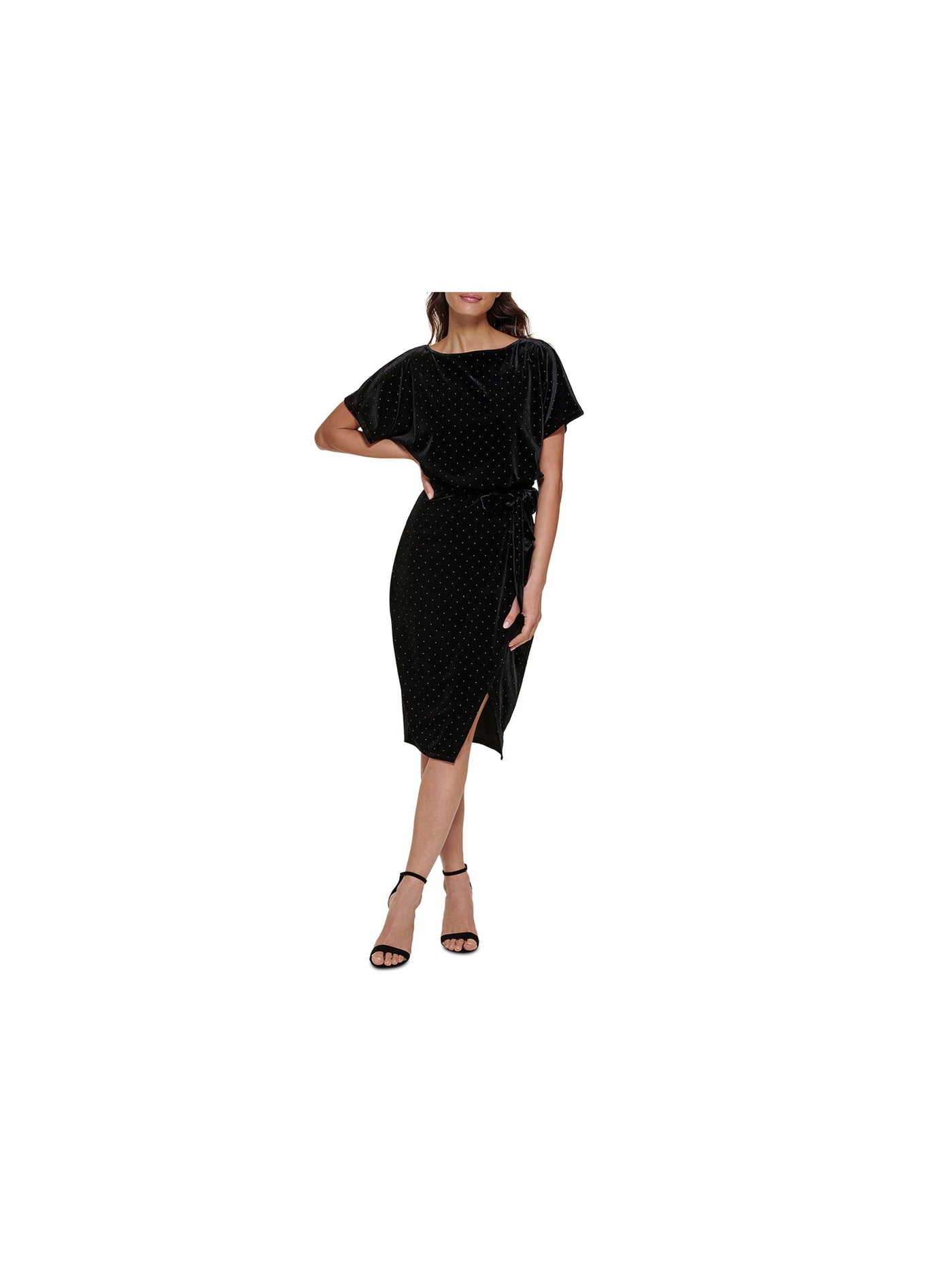 KENSIE DRESSES Womens Black Belted Slitted Studded Lined Short Sleeve Boat Neck Below The Knee Party Sheath Dress S